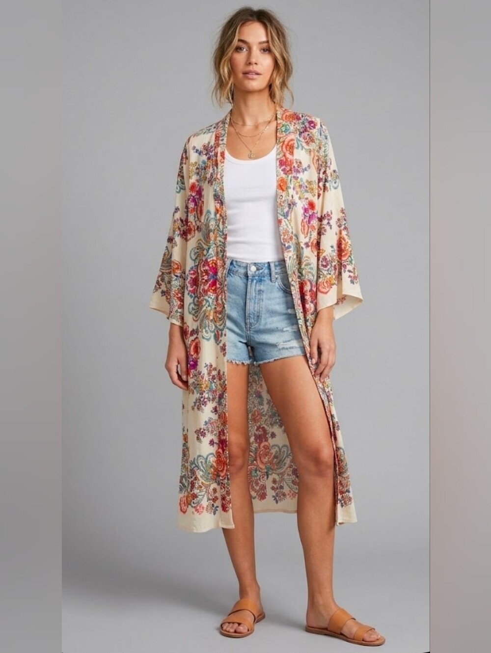 Patrons Of Peace Bohemian Cream Floral Print Duster Cardigan/Kimono. Med. 22ptp